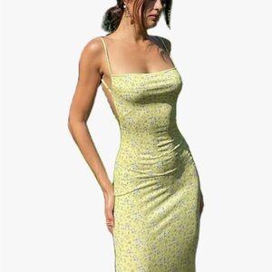 Amazon Yellow Floral Slip Midi Dress with Spaghetti Straps